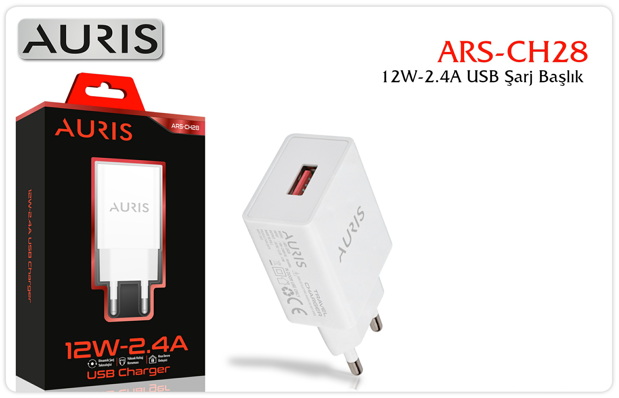 Auris CH28 Ev Kafa 2-4A – Beyaz USB Şarj Başlığı